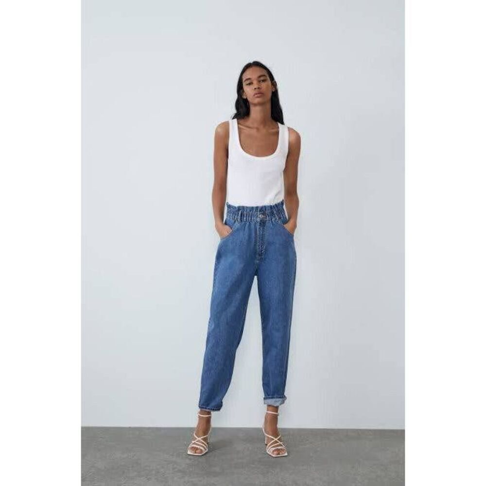 Zara Paperbag High Rise Straight Leg Barrel Jeans 2 Preppy Femme Trendy Contempo